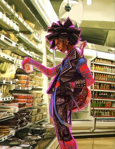 a digital painting of a woman shopping in a grocery store