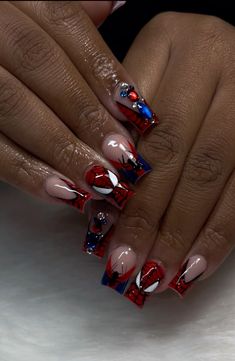 cute spiderman nails done by me Spider Man Nail Inspo Acrylic, Short Spider Man Acrylic Nails, Spiderman Natural Nails, Nails Design Back To School, Spider Man Nails Aesthetic, Blue Spider Man Nails, Cute Nails Acrylic Baddie, Spiderman Christmas Nails, Y2k Nails Spiderman