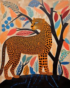 a painting of a cheetah standing in front of a tree with leaves on it