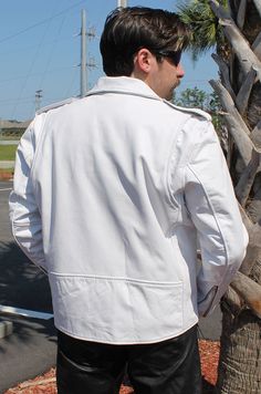 NOW UP TO SIZE 56 (5X). Classic style men's white leather jacket with inside chest concealed pocket hidden inside the left chest. This men's white motorcycle jacket is also ideal for tall women. A white biker jacket with a quilted lining for cool weather riding, snap down collar, zip front pockets to keep the stuff in, zip cuffs to keep the wind out, small flap lighter pocket, and best of all, it's made from durable yet soft white cowhide leather. If you want to ride a little cooler (vs wearing black) this is the jacket for you. Concealed carry pocket has barrel loop inside to keep your protection handy and in place. Sizes: 38, 40, 42, 44, 46, 48, 50, 52, 54, 56. +$10 for 48-52 +$20 for 54-56. [6#] concealed pocket on left chest snap down collar zip front pockets (3) zip cuffs quilted lini White Moto Outerwear For Streetwear, White Leather Jacket For Streetwear In Fall, White Leather Jacket For Fall Streetwear, Casual White Leather Winter Jacket, Casual White Leather Jacket For Winter, Casual White Biker Jacket For Fall, Casual White Motorcycle Outerwear, White Long Sleeve Biker Jacket For Motorcycling, Fall Motorcycling White Outerwear