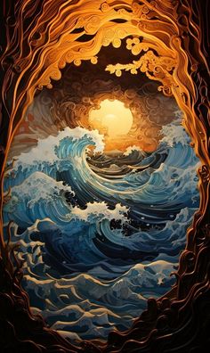 an abstract painting with waves and sun in the background