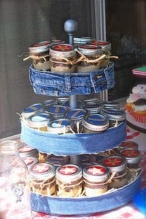 three tiered cake stand filled with mason jars