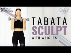 a woman holding two dumbs in front of her face and the words tabata sculpt with weights