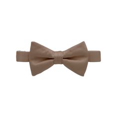 A solid taupe colored bow tie with a pre-tied knot and sliding neck adjuster. Adjustable Classic Bow For Business, Classic Adjustable Bow For Business, Classic Adjustable Bow Ties, Classic Adjustable Solid Color Bow, Classic Adjustable Solid Bow, Classic Pre-tied Decorative Bow, Classic Adjustable Satin Bow Tie, Classic Solid Color Bow With Ties, Classic Solid Bow Tie