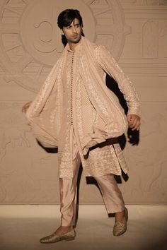 Ivory sherwani with pearl, sequin embroidery in floral pattern. Paired with rose gold embroidered kurta, pant and stole. - Aza Fashions Ivory Sherwani, Sequin Embroidery, Ivory Pearl, Sequins Embroidery, Silk Embroidery, Full Sleeves, Raw Silk, Mandarin Collar, Aza Fashion