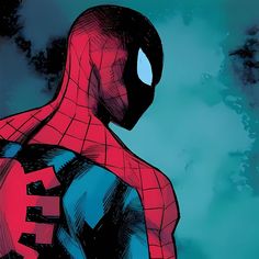 a drawing of a spider - man with blue and red colors on his body, standing in front of the sky