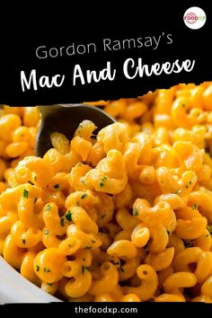 gordon ramsay's mac and cheese recipe in a white bowl with a black spoon