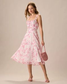 The Pink Square Neck Floral Ruched Midi Dress & Reviews - Pink - Dresses | RIHOAS Bare Shoulder Dress, Maxi Dresses For Women, Deep V Neck Dress, Pink Square, Ruched Midi Dress, Sleeveless Midi Dress, Lightweight Dress, Midi Maxi Dress, Blue Midi Dress