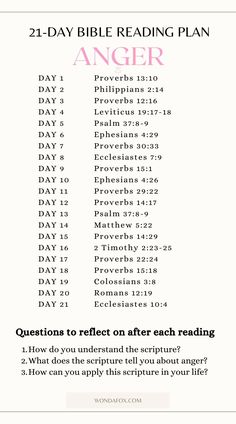 the 21 day bible reading plan is shown in pink and white, with text that reads anger