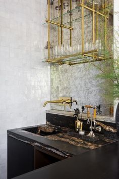 a bathroom sink sitting under a mirror next to a plant