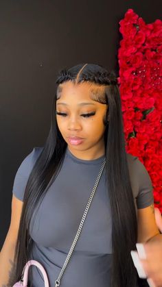 human  hair wig lace front wig with braids bone straight frontal wig Styles On Straight Wig, Full Frontal Wig Hairstyles, Cute Straight Wig Hairstyles, Glueless Straight Wig, Straight Wigs Hairstyle, Half Up Half Down Straight Wig, Birthday Frontal Hairstyles, Styled Wigs Black Women, Bob Hairstyles Wig