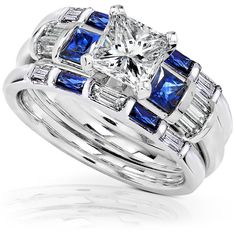 a diamond and blue sapphire bridal ring set