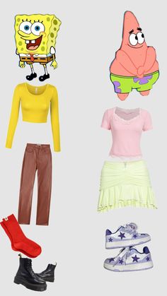 the spongebob costume is shown in four different outfits, including one yellow shirt and two brown pants