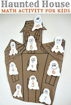 a paper cut out of a house with ghost numbers on it and the words, halloween house math activity for kids