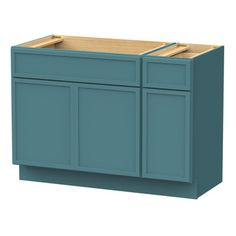 a blue cabinet with two doors and drawers