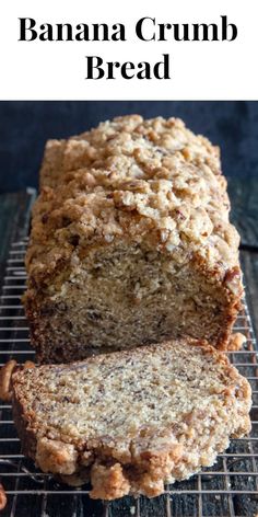 a loaf of banana crumb bread on a cooling rack