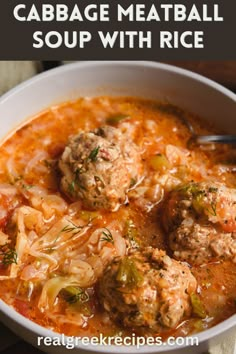 cabbage meatball soup with rice in a white bowl