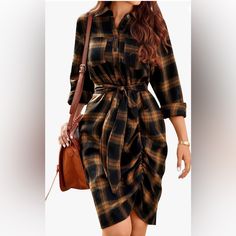 Features: Casualness And Elegance Never Have Conflications. This Long Sleeve Fall Dress Features With The Fashionable Elementsclassic Plaid, Soft Flannel Fabric, Front Waist Tie, And Elegant Ruched Design, Creating A Casual And Stylish Look. Design: The Shirt Dress Comes With Collared, Bust Pockets, Button Cuffs And Button Front On The Top. The Length Of The Plaid Dress Is Just Above The Knee, And The Design Of Tie Waist Can Clearly Show Your Waistline, Making You Look More Slender And Charming. Casual Fall Dress, Womens Plaid Dress, Plaid Wrap Dress, Long Sleeve Dresses Fall, Plaid Dresses, Dresses Casual Fall, Flannel Dress, Button Down Shirt Dress, Flannel Women