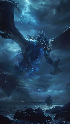 a large dragon flying through the air next to a body of water with lightning behind it