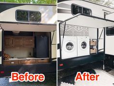 before and after photos of a camper with the door open to show what's inside