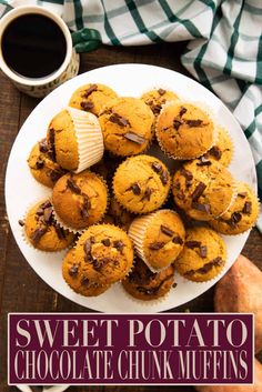 sweet potato chocolate chunk muffins on a white plate