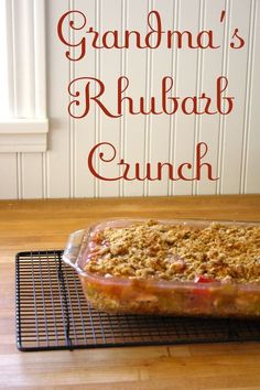 grandma's rhubarb crunch recipe on a cooling rack