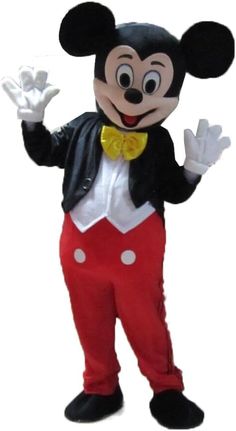 an adult mickey mouse costume standing in front of a white background with his hands up