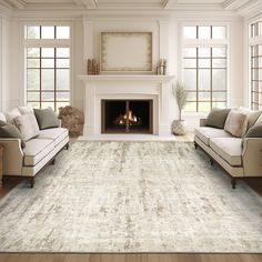 a living room filled with furniture and a fire place in the middle of the room