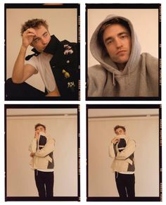 four different shots of a man with his hands on his face and wearing a hoodie