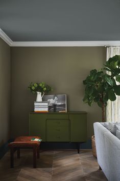 a living room with a couch, coffee table and potted plant on top of it