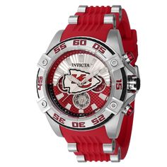 This eye-catching Invicta watch from the NFL collection is powered by an accurate Quartz movement, silver case. Its face is decorated by a silver, white, red, black, metal, glass fiber dial, and protected by a sturdy Flame Fusion Crystal. A steel, red, silicone, stainless steel band completes this timepiece that can resist water for up to 100 m. From the initial league founding in 1920 to the first Super Bowl in 1967, American football has been captivating fans for decades. Taking inspiration fr Nfl Kansas City Chiefs, Nfl Teams Logos, Invicta Watches, American Sports, Red Band, National Football League, Football League, Women's Watch, Stainless Steel Band