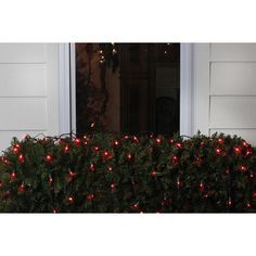 a bush with christmas lights on it in front of a door way that is lit up