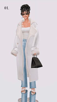 a woman in white coat and jeans holding a black purse