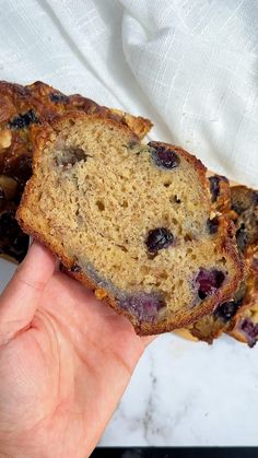 a hand holding a loaf of blueberry banana bread