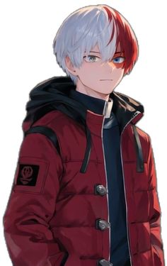 an anime character wearing a red jacket with white hair and blue eyes, standing in front of