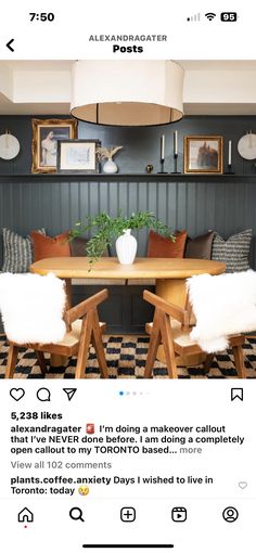 an instagram page with two chairs and a table in front of the room is shown