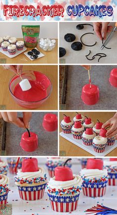 cupcakes with red, white and blue icing are being made