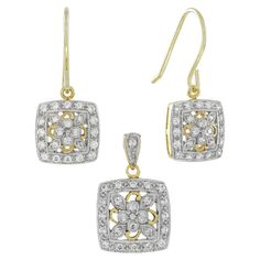 Glittery antique style jewelry set crafted in two-tone gold. With round diamonds completely encrusting the earrings and pendant face, these pieces are truly a work of art. The square frame of diamonds surrounds the center picture of floral in an open-work designs. With so many little diamonds to catch the light, these jewelry set are perfect when worn together or alone. Earrings Information Style: Edwardian Metal: Yellow Gold (White Top Diamond Part) Width: 25 mm. Length: 10 mm. Weight: 3.90 g. (approx. in total) Backing: French Wire Gemstones Type: Diamond Shape: Round Average Color: H Average Clarity: SI Size: 1 - 1.3 mm. Number: 48 Weight: 0.44 Carat (approx. total weight) Pendant Information Style: Edwardian Metal: Yellow Gold (White Top Diamond Part) Width: 13 mm. Length: 21 mm. Weigh Cluster Jewelry, Art Deco Drop Earrings, Antique Style Jewelry, Art Deco Pendant Necklace, Edwardian Engagement Ring, Diamond Cluster Engagement Ring, Art Deco Pendant, Square Pendant, French Wire