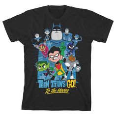 Teen Titan fans will love sporting this youth black graphic tee. The Teen Titans Go To the Movies t-shirt features a big, colorful graphic that has been professionally printed to ensure long-lasting print quality. The Teen Titans fan apparel is black, and has short sleeves for comfort and style in any weather. The Teen Titans Go! t-shirt is made of 100% USA cotton. It can be machine washed in cold water with like colors, then tumble dried for easy care. As an officially licensed product, this Ro Black Graphic Print Top For Fan Conventions, Black Tops With Front Print For Fan Conventions, Black Top With Front Print For Fan Conventions, Black Fan Apparel T-shirt With Graphic Design, Black T-shirt With Front Print For Fans, Black Tops With Screen Print For Fan Conventions, Black Screen Print Tops For Fan Conventions, Black Letter Print T-shirt For Fan Conventions, Pop Culture Black T-shirt For Fan Merchandise