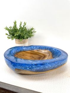 a blue bowl sitting on top of a table next to a potted plant