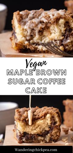 vegan maple brown sugar coffee cake on a cutting board with a fork in it