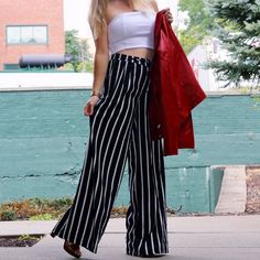 Navy And White Palazzo Pants Nwot Size Medium. I Only Wore Them For About 5 Min To Take These Pics! Very Comfortable Perfect For Fall Trendy Striped Bottoms For Day Out, Trendy Striped Pants For Day Out, Striped High-waisted Pants For Day Out, Summer Going-out Pants, Striped Wide Leg Pants For Day Out, Wide Leg Striped Pants For Day Out, Summer Pants For Going Out, Summer Straight Pants For Going Out, Casual Bottoms With Pockets For Going Out