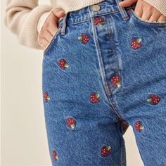 Adorable And Funky Reformation Magic Mushroom Embroidered High Rise Straight Jeans! If You Must Do The Jeans Thing. The Mushroom Embroidered Is Slim Fitting Through The Waist, Hip And Butt A More Relaxed, Straight Fit In The Leg. It Is Made Of Rigid Denim And Has Embroidered Mushroom Details Throughout. - Belt Loops - Button Fly - Embroidery Detail - Relaxed Fit In Leg - Rigid Denim - Slim Fitting Through Hip - Slim Fitting Waist - Straight Leg Denim Has Normal Imperfections (See Pics)- That’s Not From Wear- It’s How They Came! Like New Condition! Questions And Offers Welcome! Casual Strawberry Print Bottoms, Spring Cotton Bottoms With Strawberry Print, Fall Blue Bottoms With Floral Embroidery, Blue Floral Embroidery Bottoms For Fall, Cotton Bottoms With Multicolor Embroidery, Red Cotton Bottoms With Floral Embroidery, Fly Embroidery, High Rise Straight Jeans, Magic Mushroom