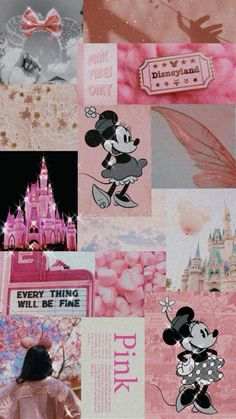 a collage of photos with minnie mouse and other disney characters in pink, black and white