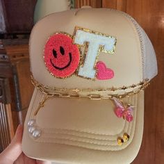 Women's Custom Bling Trucker Hat With Hat Chains Initial Hat, Smiley Face Hat, Heart Hat, Pearl Hat - Etsy Trendy Pink Trucker Hat With Letter Print, Trucker Hat With Letter Patch, One Size Fits Most, Fun Pink Trucker Hat With Letter Print, Rhinestone Trucker Hat, Fun Personalized Pink Trucker Hat, Face Patches, Custom Bling, Smiley Face, Custom Hats