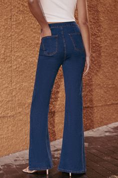 The Flared Leg Denim Jeans are your perfect pick for a timeless yet trendy look. With their flattering fit and classic flare, these jeans are perfect for adding a touch of vintage cool to your everyday style. Product code: CAA02D4G027UU Features:  Woven Flared leg Wash Method: Regular Wash Material: 70%COTTON,28%POLYESTER,2%ELASTANE. Trendy Straight Leg Dark Wash Flares, High Rise Denim Flares For Summer, Trendy Straight Leg Flares, Summer High Rise Denim Flares, Casual High Rise Dark Wash Flares, Summer Denim Fitted Flares, Trendy Full-length Denim Blue Flare Jeans, Trendy Dark Wash Flares With Five Pockets, Chic Dark Wash Flare Jeans