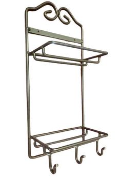 a metal towel rack with two hooks on the top and one hanging from it's side