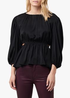 BLACK Chic Ruffle Hem Blouse For Night Out, Elegant Fall Top With Ruffle Hem, Chic Tops With Ruffle Hem, Elegant Top With Ruffle Hem For Date Night, Elegant Fall Tops With Ruffle Hem, Spring Night Out Blouse With Ruffle Hem, Spring Ruffle Hem Blouse For Night Out, Solid Viscose Blouse For Fall, Solid Color Viscose Blouse For Fall