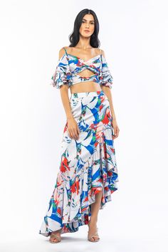 Buy Mandira Wirk Blue Satin Abstract Print Skirt Set Online | Aza Fashions Abstract Print Fashion, Abstract Motifs, Ruffle Hem Skirt, Printed Skirt, Satin Color, Indian Fashion Designers, Asymmetrical Skirt, Butterfly Sleeves, Designer Gowns