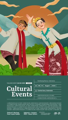 an advertisement for cultural events with two people in traditional dress and one man holding his hands out